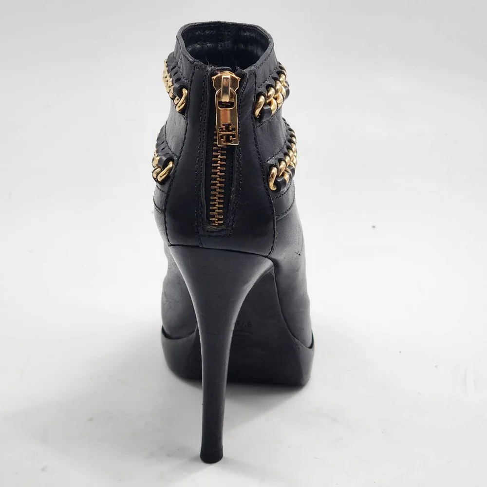 TORY BURCH Lysa Black‎ Leather Platform Chain Heeled Boots Size 9.5